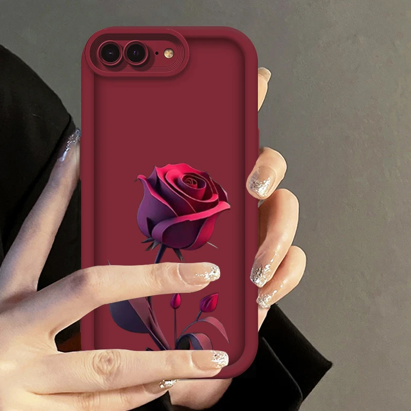 适用于苹果8Plus暗红玫瑰阶梯手机壳全包硅胶防摔软壳女款