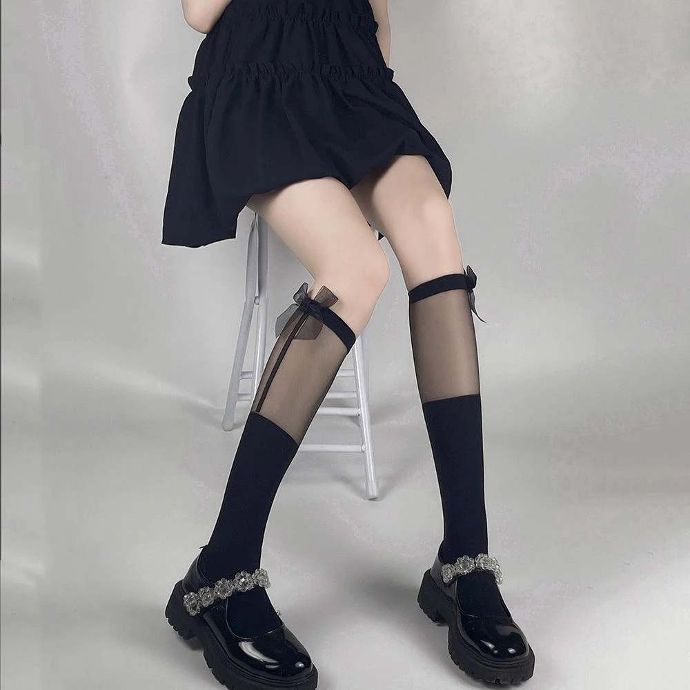 甜妹超薄网纱拼接小腿袜侧边蝴蝶结jk小众可爱中筒袜纯欲风丝袜