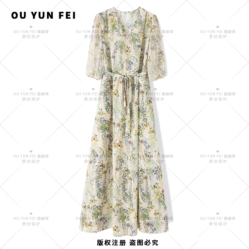 【清雅女神】气质中式印花时尚国风长款收腰连衣裙X9078