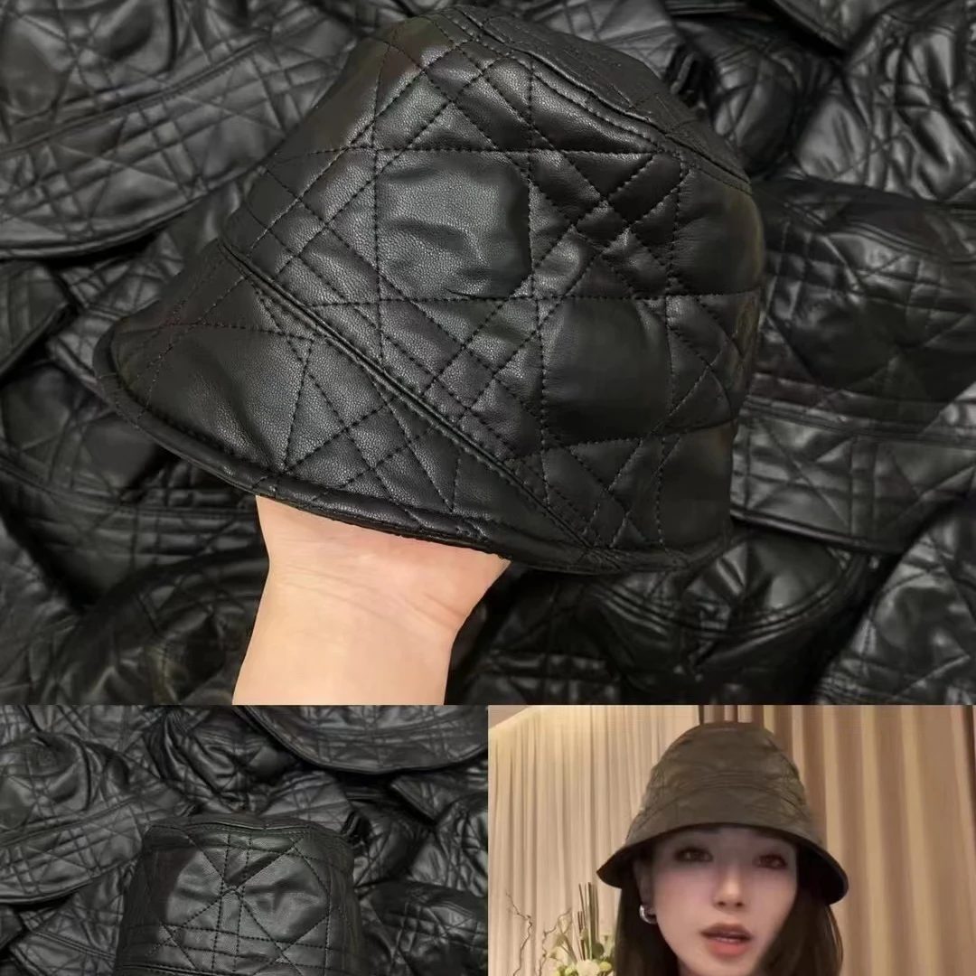 韩版时尚秋冬新款菱格PU皮质盆帽百搭笑脸黑色水桶帽帽子网红加厚
