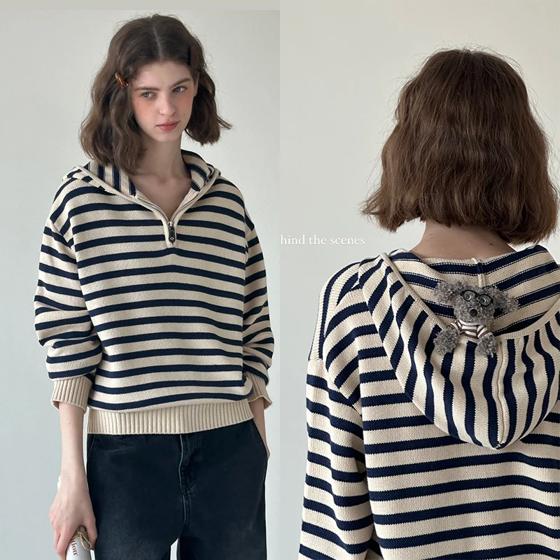 ®Letm条纹航海家'北欧复古撞色条纹半开领拉链连帽针织毛衣女