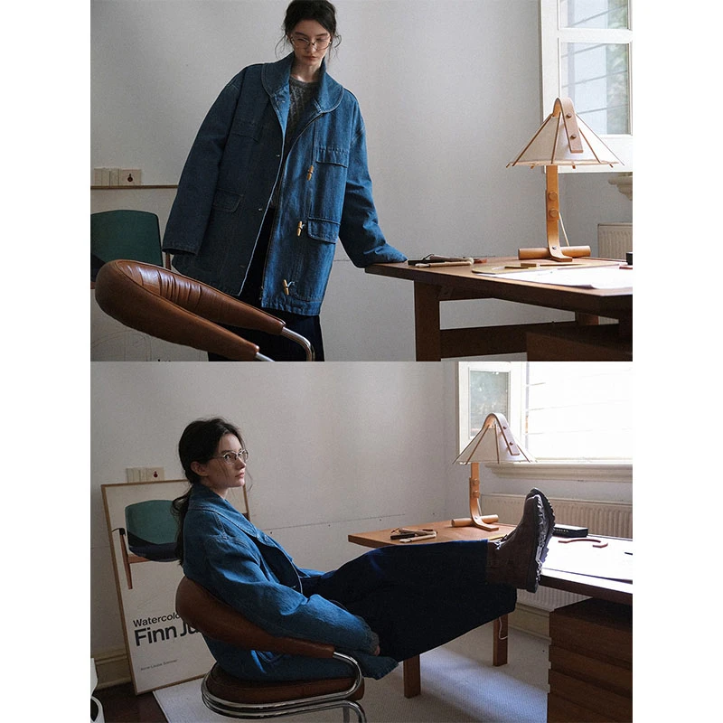 LETM老电影里的北欧女孩/复古青果领做旧牛仔牛角扣派克棉服外套