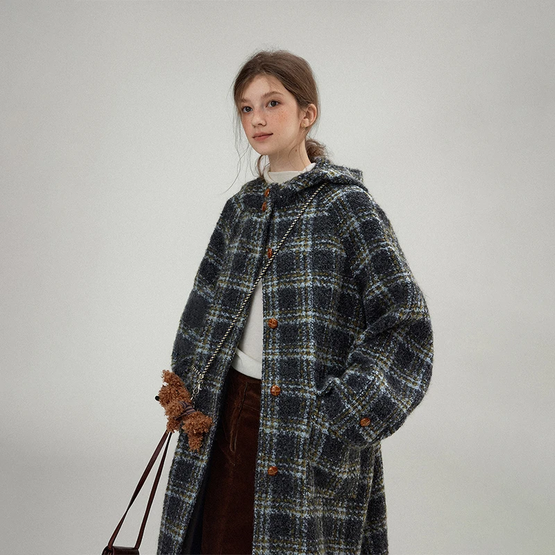 Letm 北欧周末’复古羊毛圈圈杂色格子连帽撞色长款呢大衣外套女