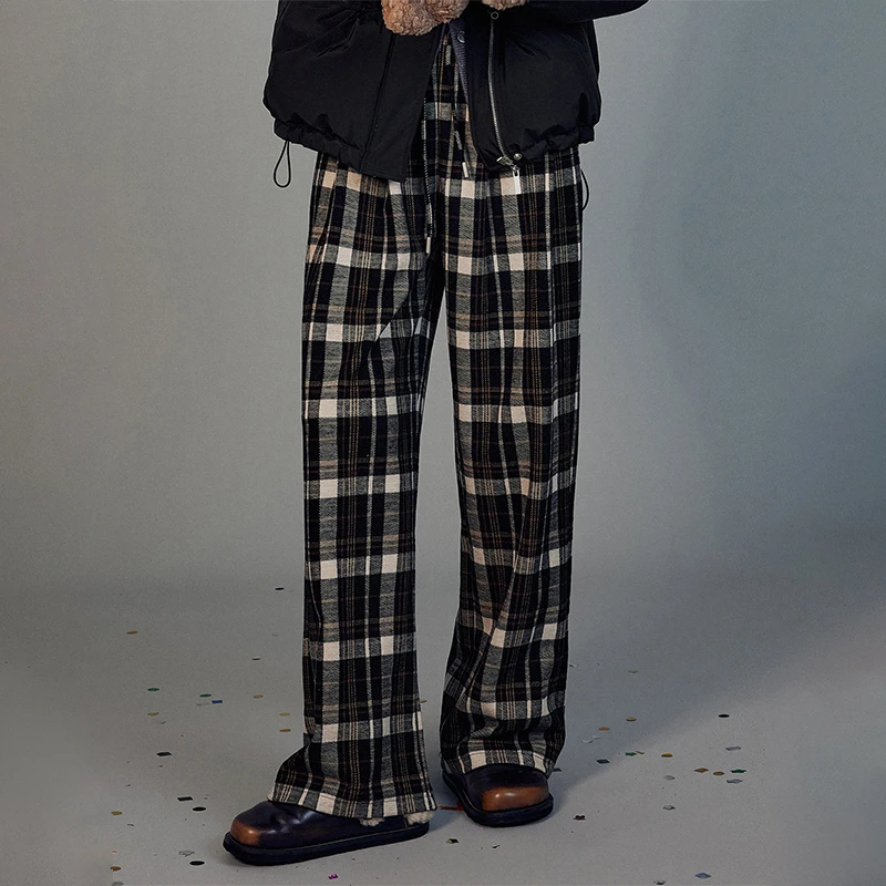 Letm 松弛复古格纹撞色绵羊毛松紧腰休闲阔腿直筒裤女