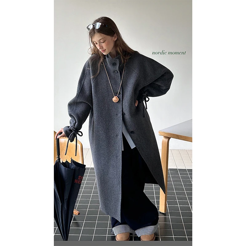 Letm 蝴蝶结可拆卸’高克重100绵羊毛插肩袖翻立领双面呢大衣外套