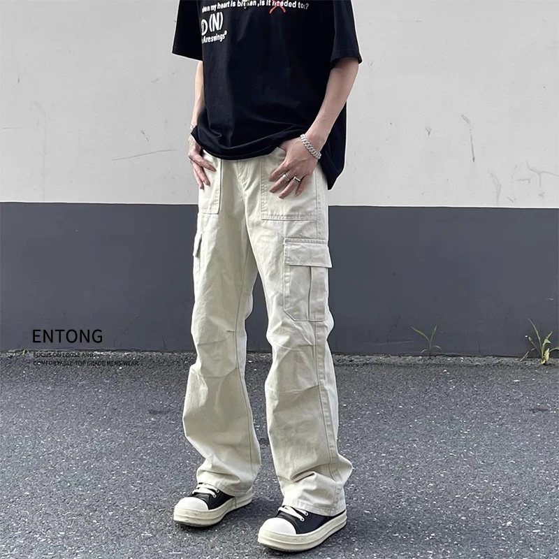 Entong米白色美式工装裤男大码褶皱多口袋直筒裤cleanfit休闲裤子