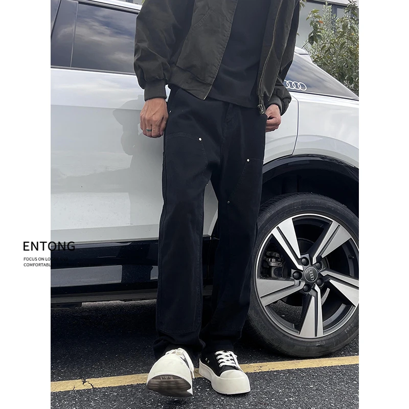 Entong复古美式潮流vibe工装牛仔裤男显瘦cleanfit双膝铆钉伐木裤