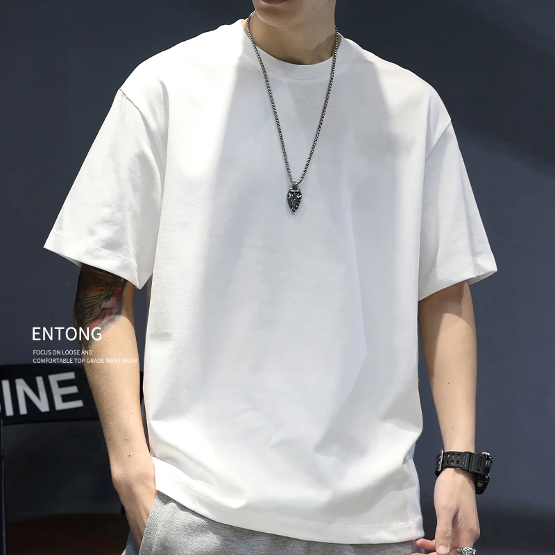 纯色短袖t恤男夏季重磅宽松潮牌圆领白色内搭打底男士体恤五分袖