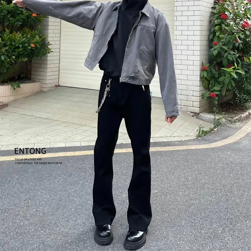 美式cleanfit黑色微喇叭牛仔裤男款潮牌高街休闲长裤vibe阔腿裤子