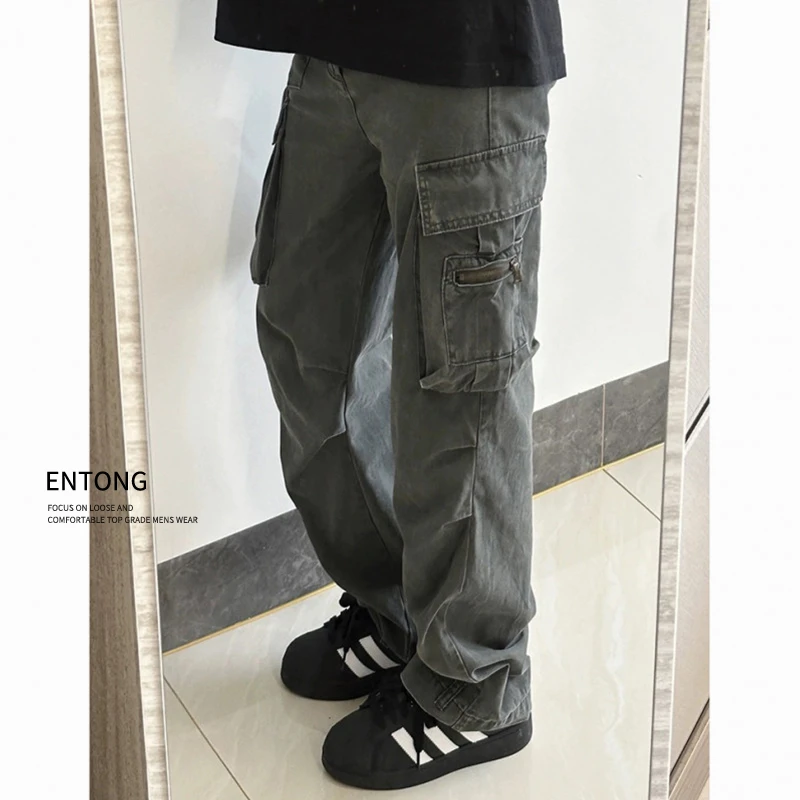 Entong美式工装裤子男款潮牌机能风褶皱伞兵裤直筒cleanfit休闲裤