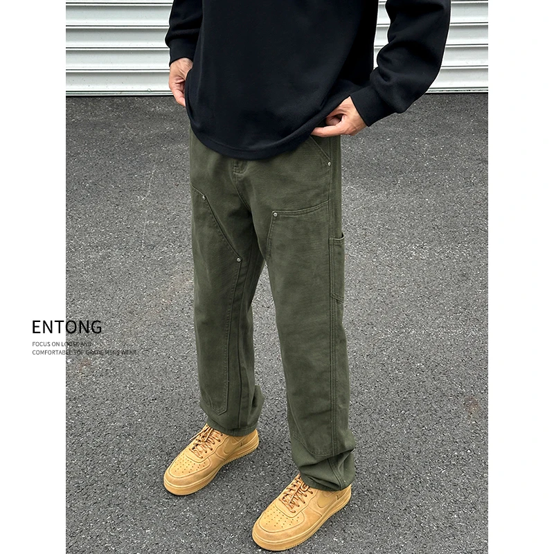 Entongvibe双膝伐木裤男潮流日系宽松直筒工装牛仔长裤子牛仔裤