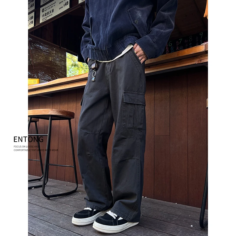 Entong水洗做旧美式工装裤休闲复古裤子男生宽松直筒多口袋长裤潮