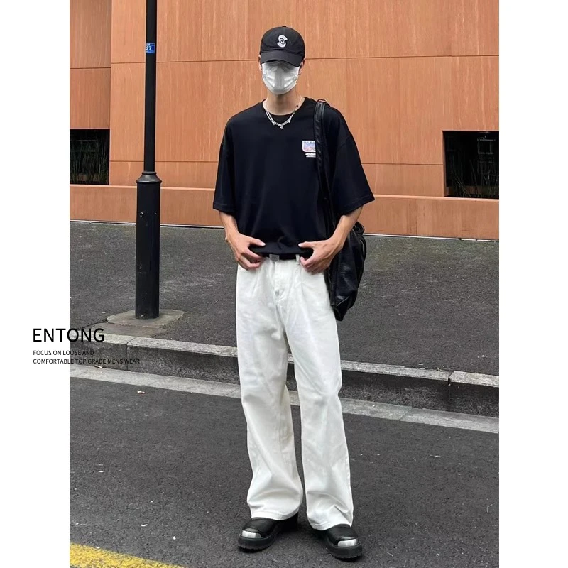Entong潮流白色直筒牛仔裤男美式复古水洗宽松休闲阔腿拖地长裤