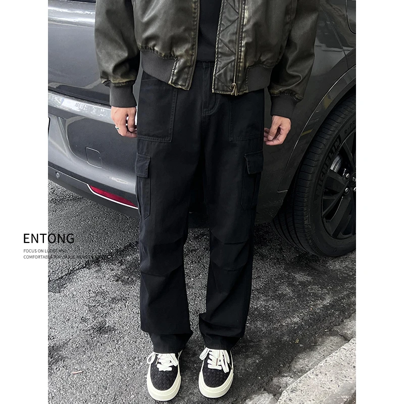Entong美式复古高街vibe多口袋褶皱伞兵工装裤男生百搭直筒牛仔裤