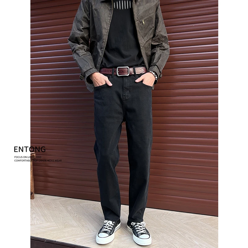 Entong高级感直筒牛仔裤男生美式高街vibe黑色百搭宽松显瘦哈伦裤