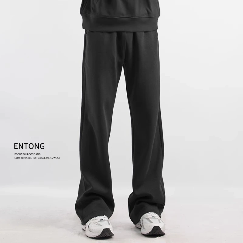 Entong秋冬加绒黑色针织直筒裤子男生宽松运动裤美式休闲潮流卫裤