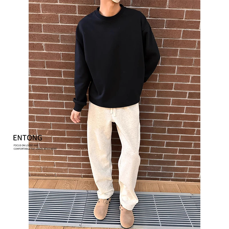 Entong白花灰色运动卫裤男大码宽松直筒裤子潮流时尚百搭休闲长裤