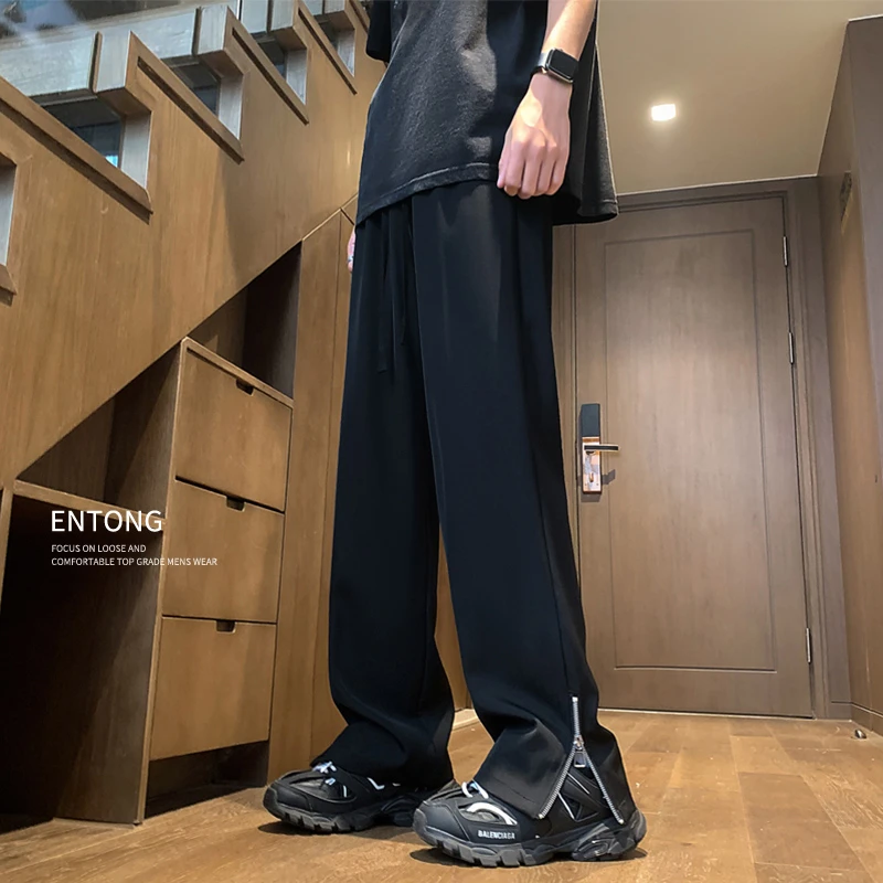 夏季冰丝松紧腰休闲裤侧拉链直筒垂感西裤黑色裤子男款阔腿长裤男