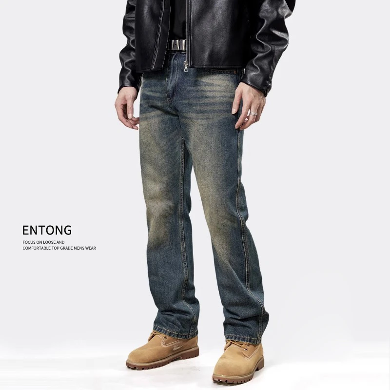 美式潮牌牛仔裤男士宽松直筒复古黄泥染秋冬季休闲长裤子