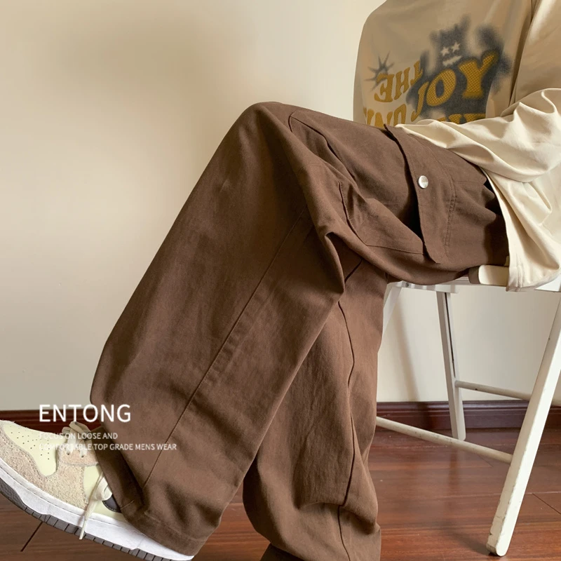 美式棕色工装裤男士设计感高级oversize裤子日系慵懒垂感直筒秋季