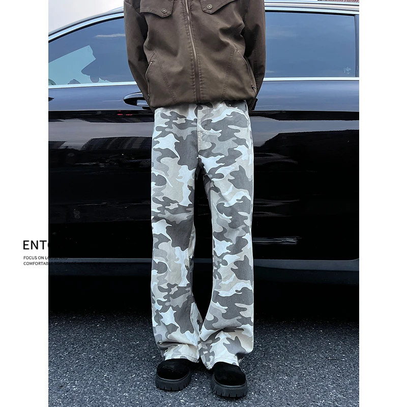 Entong灰白迷彩花纹宽松baggy廓形休闲裤男生痞帅直筒微喇长裤子