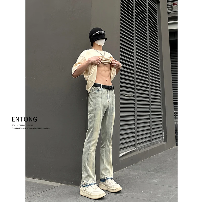 水洗做旧撞色黄泥牛仔裤男款修身直筒美式高街vibe裤子修身微喇裤
