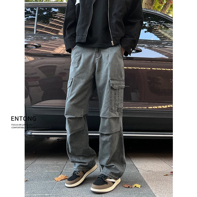 Entong美式街头直筒休闲工装裤男高街潮牌宽松机能多口袋伞兵裤子