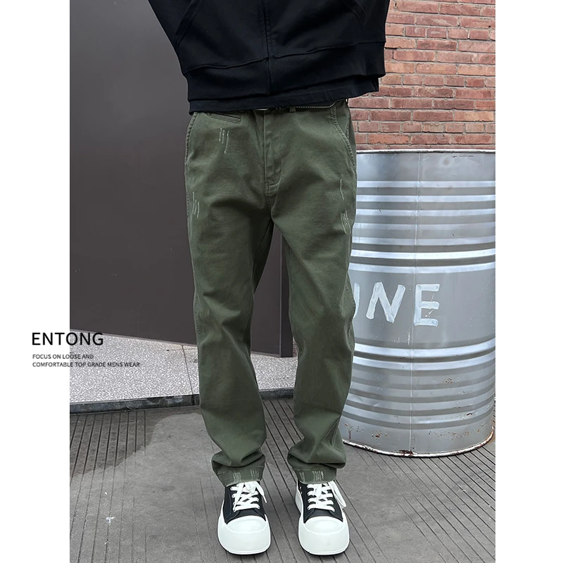 Entong美式潮牌军绿色磨毛设计工装裤男生百搭弹力休闲直筒裤子