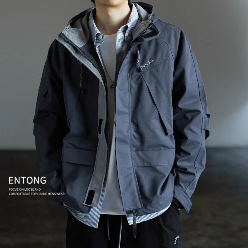 2024春季新款连帽冲锋衣男日系复古连帽休闲风衣工装宽松男士外套