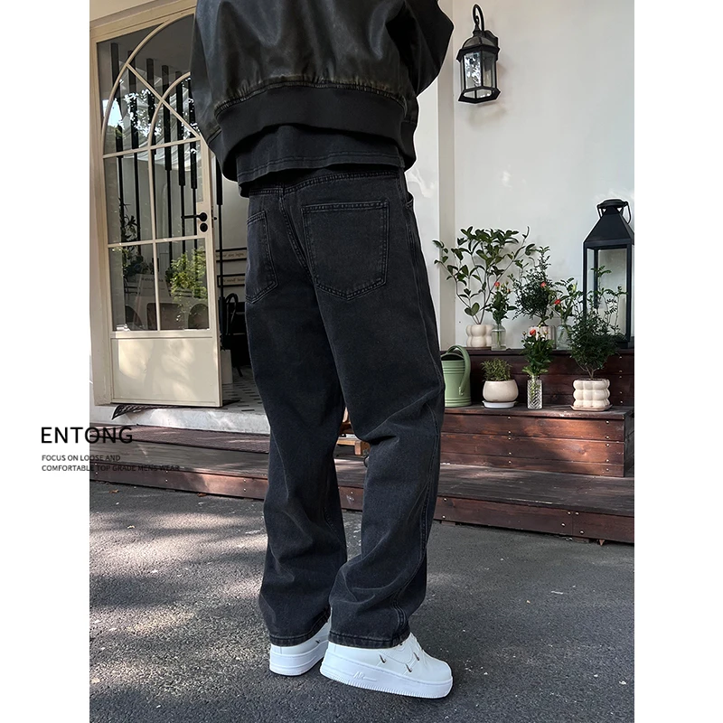 Entong复古水洗直筒牛仔裤男美式高街cleanfit宽松百搭休闲长裤子