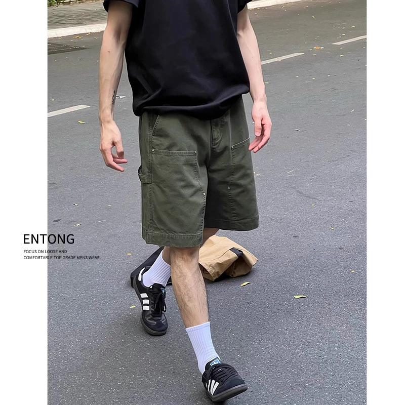 Entong伐木工装牛仔短裤男士夏季潮牌宽松五分裤子美式水洗中裤