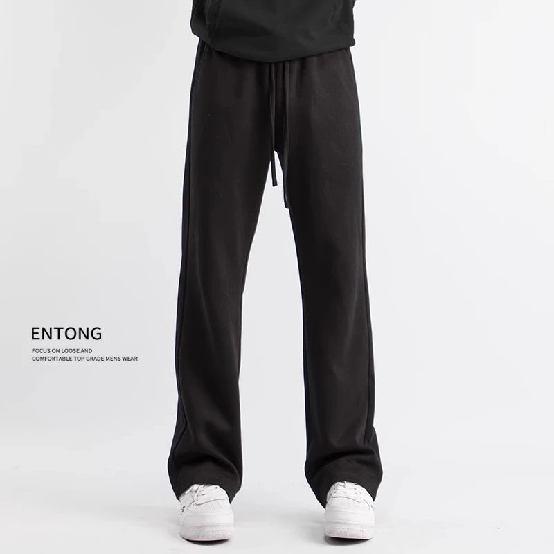Entong春秋季针织运动裤男生裤子微喇裤宽松休闲直筒裤百搭卫裤