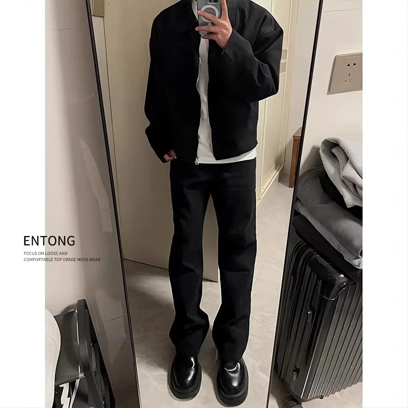 Entong美式高街vibe裤子男潮牌痞帅显瘦黑色牛仔裤修身直筒微喇裤