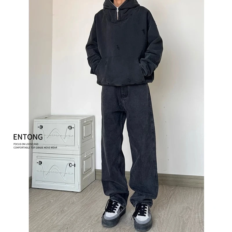 美式复古垂感黑灰牛仔裤男春秋直筒宽松vintage百搭休闲拖地长裤