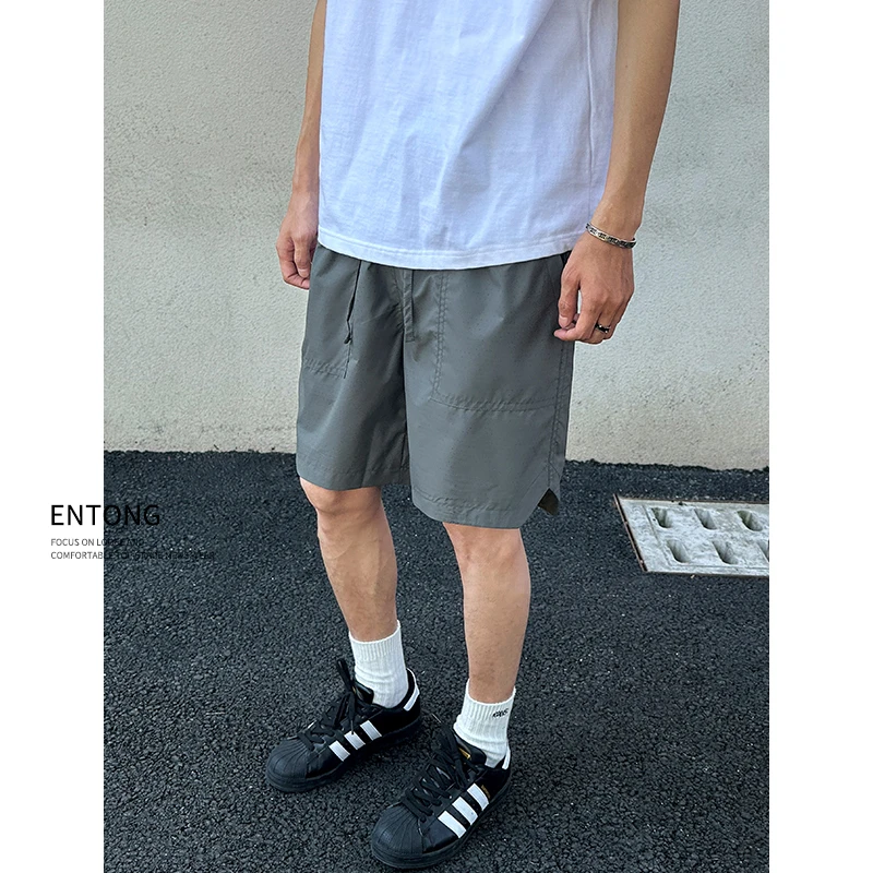 Entong纯色简约休闲短裤男款夏季冰丝凉感直筒五分裤速干运动中裤