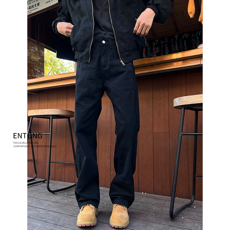 Entong美式复古vintage做旧微喇牛仔裤男高街vibe直筒宽松伐木裤