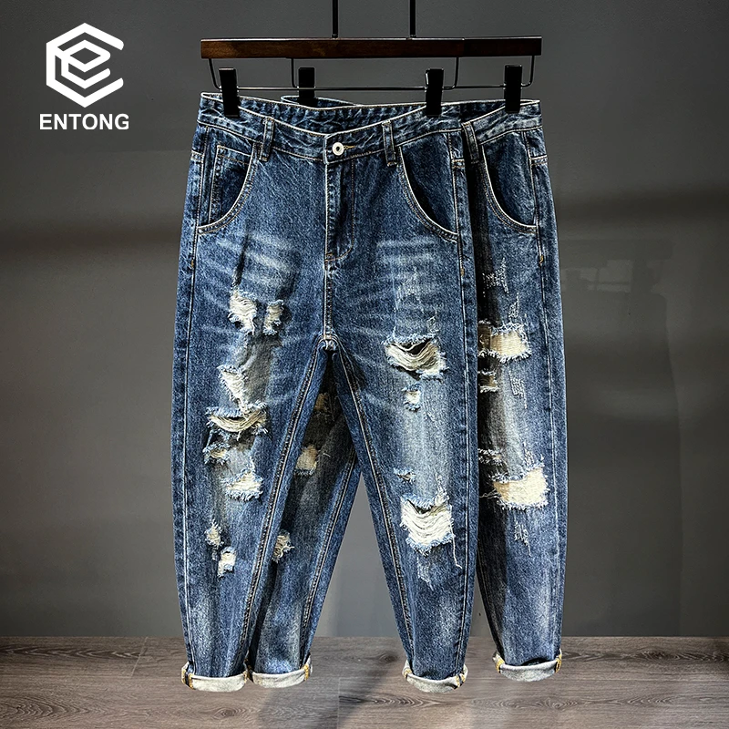 Entong夏季薄款裤子破洞裤潮牌牛仔裤男直筒宽松乞丐哈伦九分裤