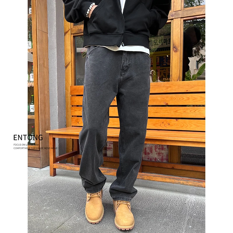 Entong美式复古Cleanfit黑灰色做旧直筒牛仔裤男士潮流百搭长裤子