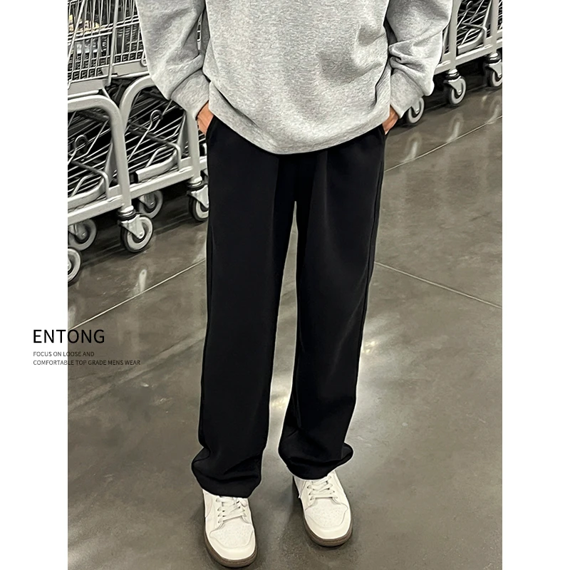 Entong美式潮牌针织卫裤男弹力直筒宽松阔腿裤百搭休闲运动长裤子