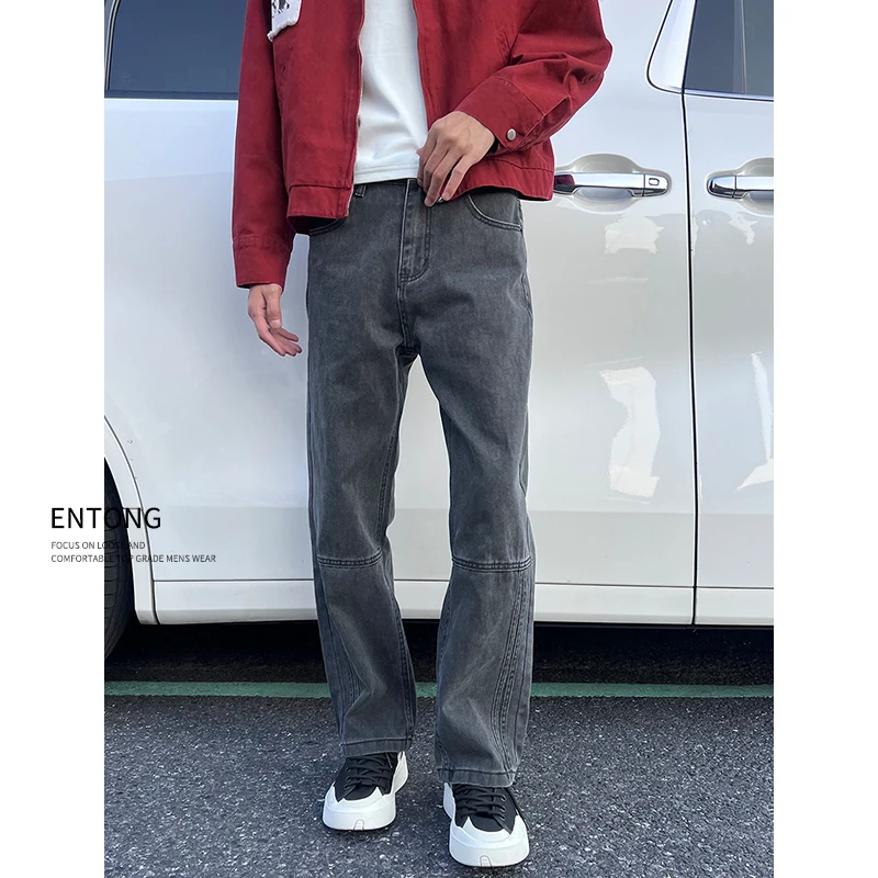 Entong美式复古分割工装牛仔裤男生百搭潮流黑灰色直筒休闲长裤子