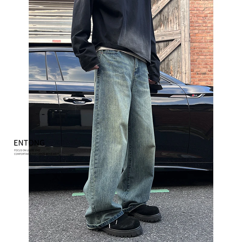 Entong美式复古cleanfit阔腿牛仔裤男高街vibe宽松百搭直筒拖地裤
