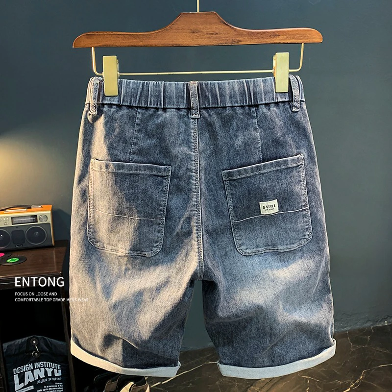 松紧腰抽绳牛仔短裤男2024夏季新款蓝色斜插袋五分裤弹力休闲短裤