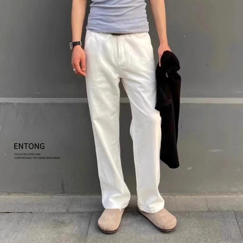 Entong美式高街直筒白色牛仔裤男秋季潮牌cIeanfit百搭显瘦长裤子