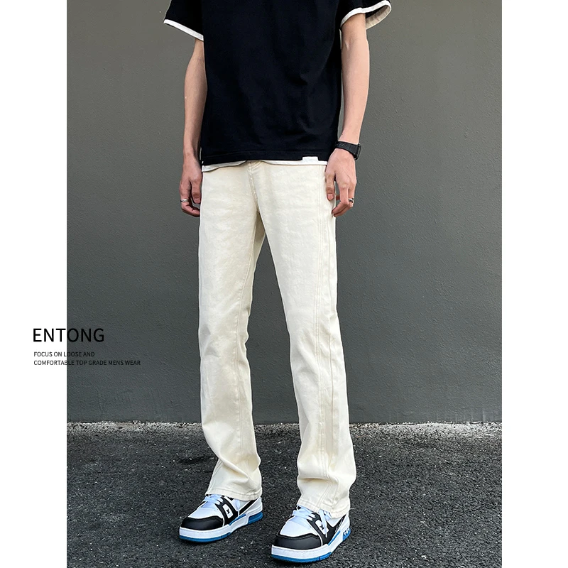 Entong美式高街vibe杏色直筒牛仔裤男款高街cleanfit微喇长裤子