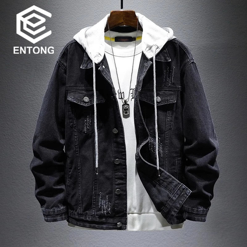 高级感连帽牛仔外套男痞帅休闲春秋款可拆卸帽子夹克复古潮牌外衣