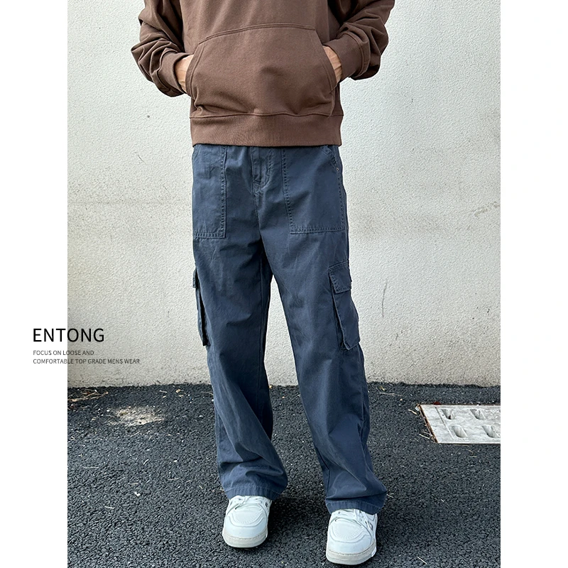 Entong美式复古藏蓝色工装裤男宽松直筒阔腿裤街头多口袋伞兵裤潮