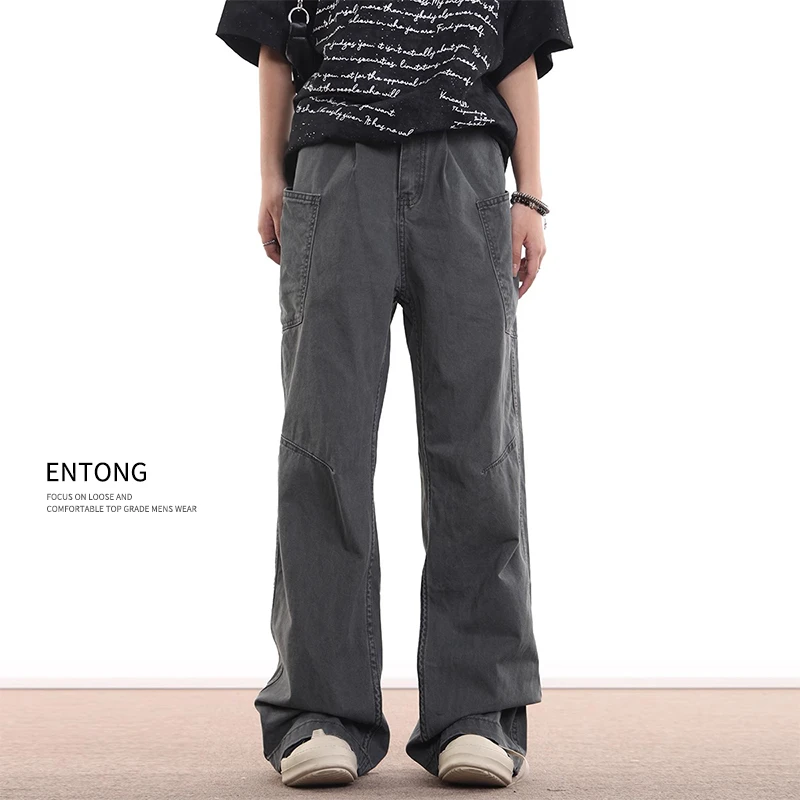 Entong美拉德cleanfit灰色工装休闲裤男美式高街加绒直筒牛仔裤子
