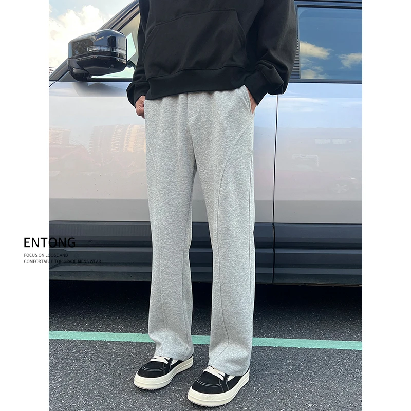 Entong灰色针织卫裤男款秋冬美式斜切直筒裤cleanfit大码运动裤子
