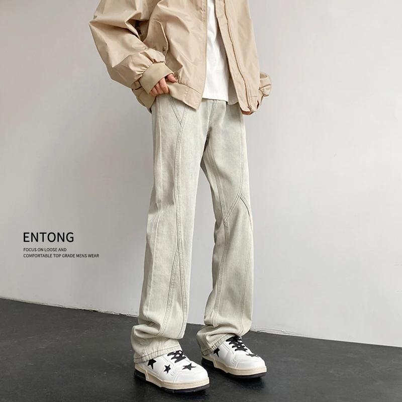 美式高街牛仔裤男款潮牌个性复古线条设计感拼接裤子潮流百搭男裤