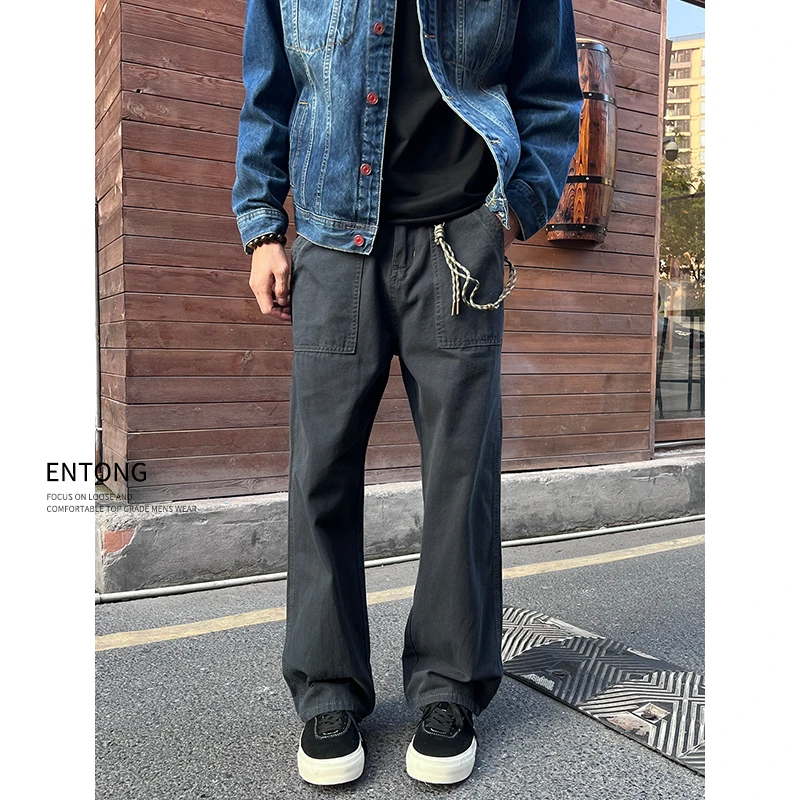 Entong美式复古直筒工装裤男生vintage宽松日系大码休闲微喇长裤